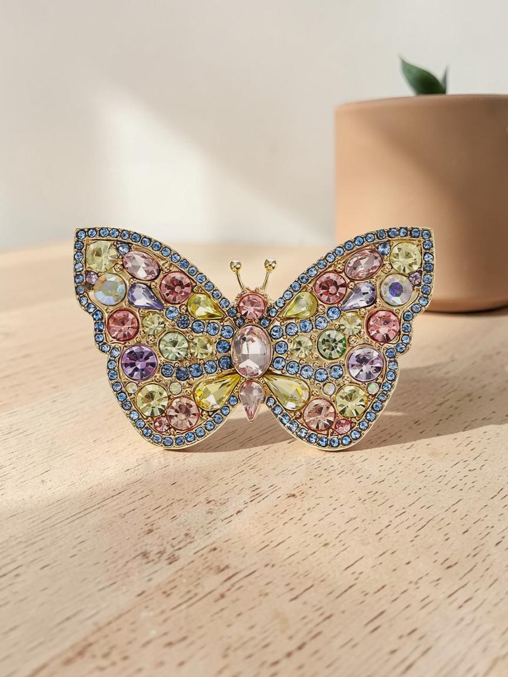 NEW Monet  Butterfly Jewelry Multi Color Crystal Brooch Gold Tone  2 Inches NWT